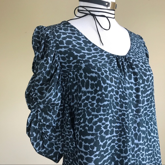 Halogen Blue Ruffle Bell Sleeve Leopard Print top - Picture 4 of 5